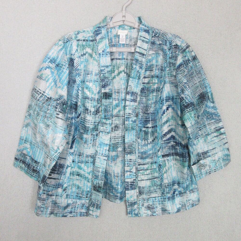 Chicos Jacket Womens 2 Open Front 3/4 Sleeve Abstract Linen Blend Blue Textured